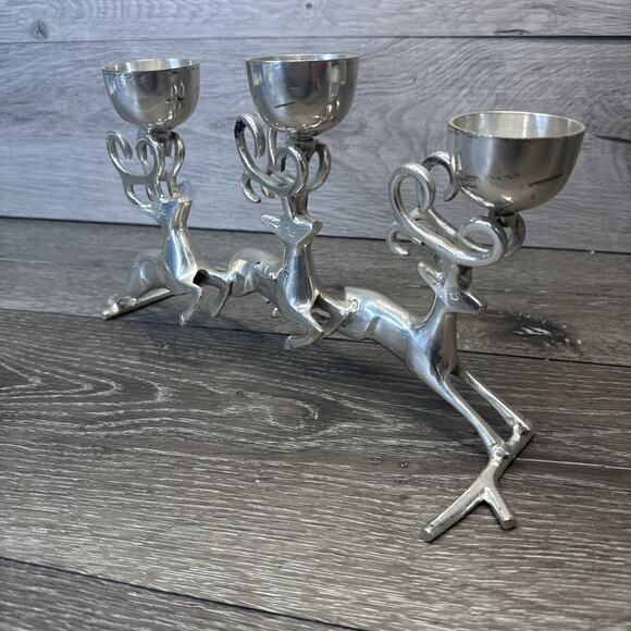 VTG 3 Silver Reindeer Deer Bucks Antler 3 Tea Light Candle Holders Candelabra - Picture 6 of 10